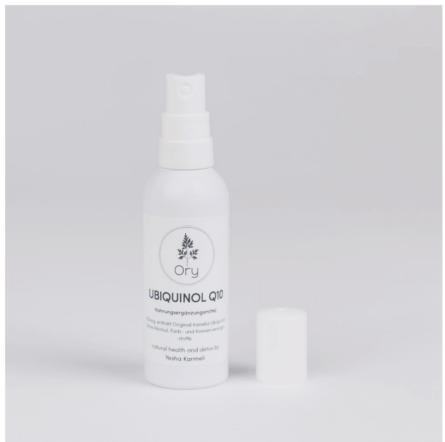 Flasche mit Ubiquinol Q10, einem Schlüsselfaktor für Vitalität und Gesundheit.