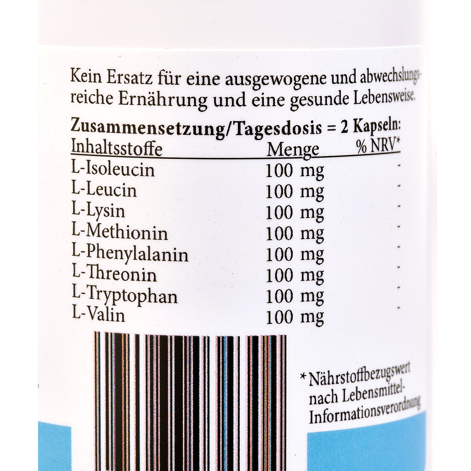 Inhaltsstoffe von essentiellen Aminosäuren Kapseln mit Mengenangaben pro Tagesdosis und Nährwertangaben.