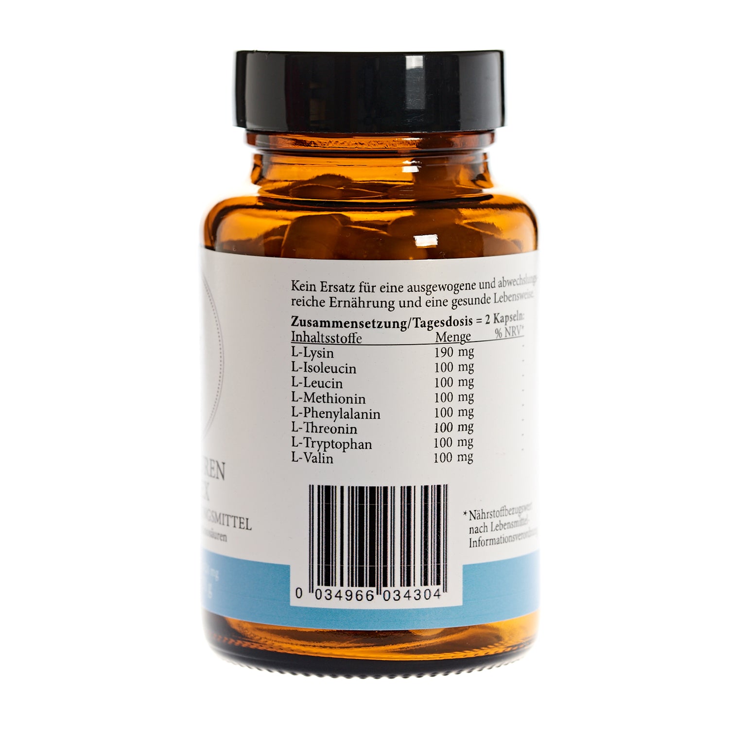 essentielle Aminosäuren Kapseln in einer braunen Glasflasche, Zutatenliste auf der Rückseite, 60 Kapseln à 471 mg