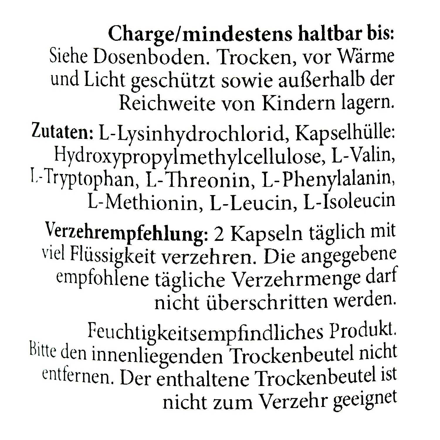 Information on essentielle Aminosäuren Kapseln ingredients and usage instructions for dietary supplement.