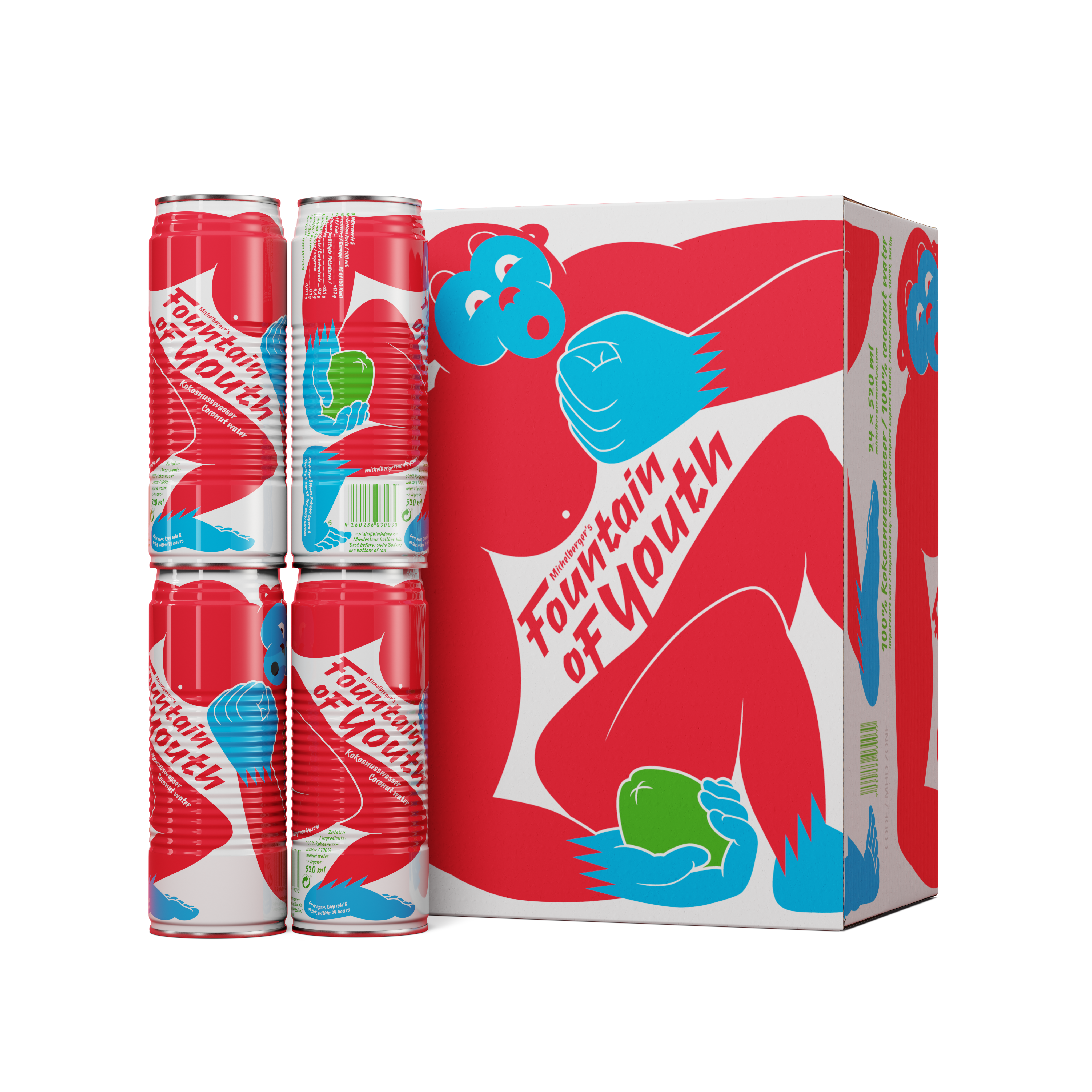 Natürliches Kokoswasser - Fountain of Youth Dosenpackung mit buntem Design und frischem Kokoswasser.