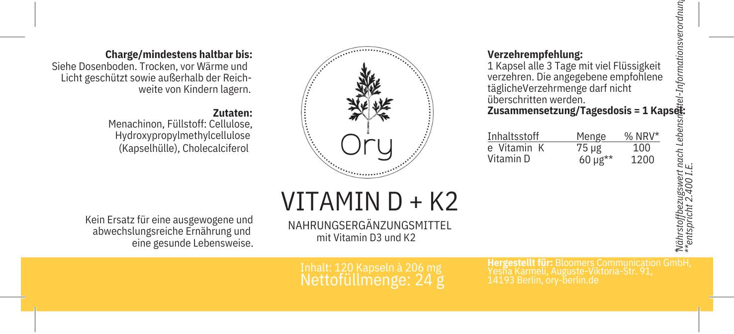 Vitamin D K2 supplement packaging showing ingredients and dosage information.