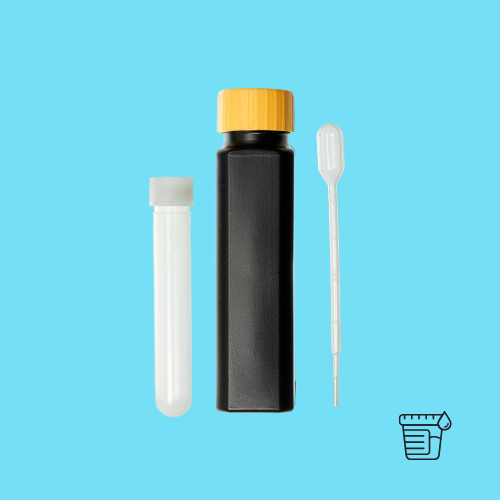 Tryptophan metabolism test kit featuring a black bottle, a clear test tube, and a dropper for sample collection.