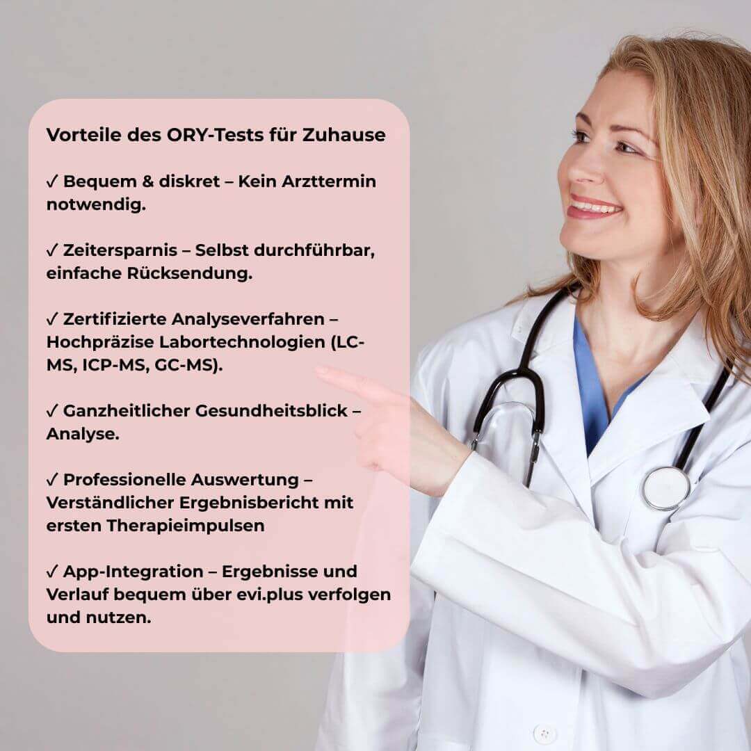 Woman in lab coat explaining benefits of ORY test for at-home health analysis.