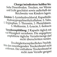 Information on essentielle Aminosäuren Kapseln ingredients and usage instructions for dietary supplement.
