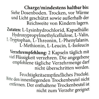 Information on essentielle Aminosäuren Kapseln ingredients and usage instructions for dietary supplement.