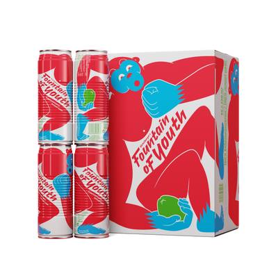 Natürliches Kokoswasser - Fountain of Youth Dosenpackung mit buntem Design und frischem Kokoswasser.