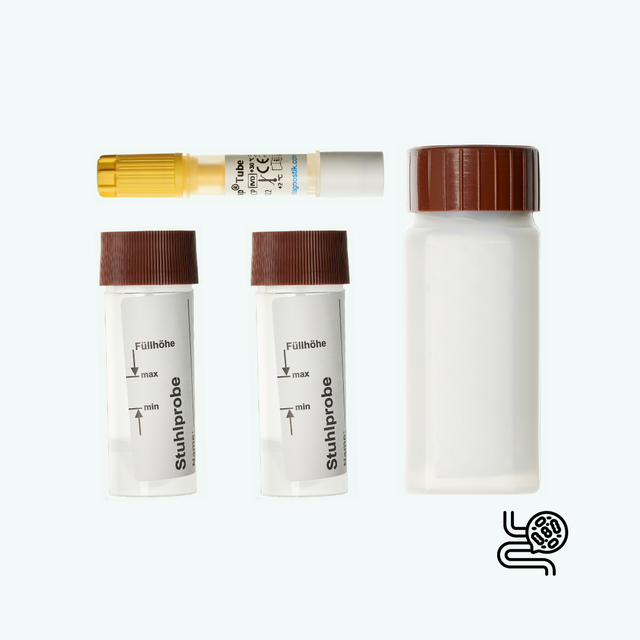 Mikrobiom Maxi Plus + Darmbarriere + Resorption: Probenset mit Stuhlröhrchen, Stabilisierungsröhrchen und Versandbehälter