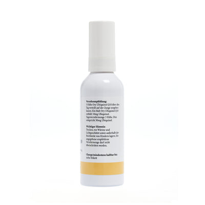 Coenzym Q10 - Ubiquinol liquid supplement bottle with dosage instructions and key information.