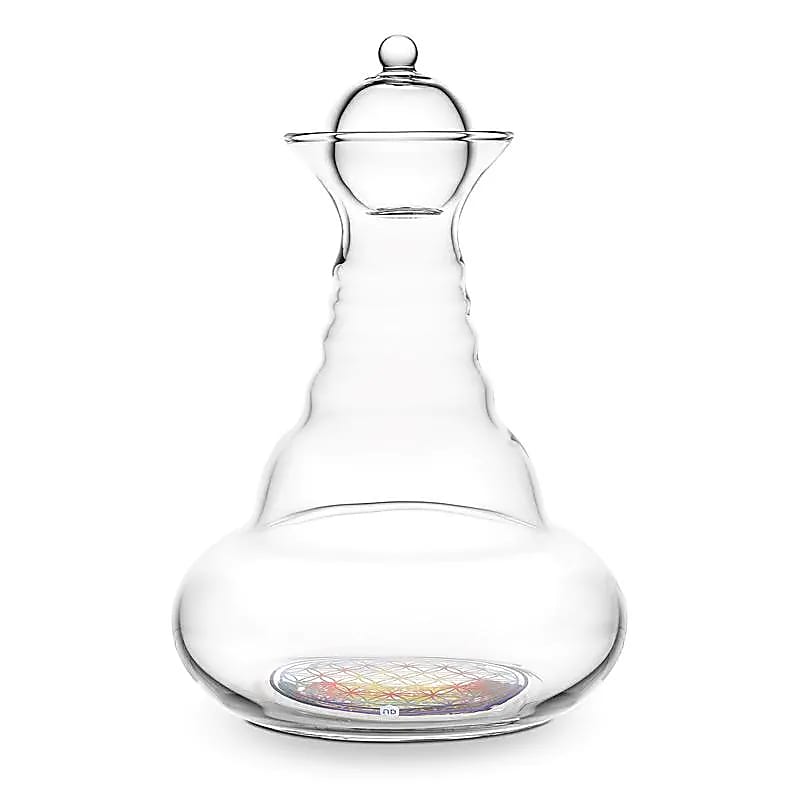 Vitalwasserkaraffe mit Blume des Lebens - transparente Glas Karaffe mit buntem Fußdesign