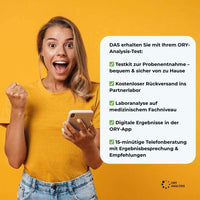 Frau mit Smartphone, daneben eine Übersicht der Testleistungen: Testkit, Rückversand, Laboranalyse, digitale Ergebnisse und Telefonberatung.