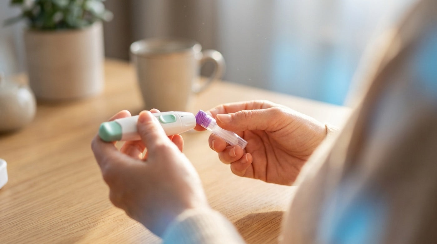 Probenahme zu Hause: Hand mit Testkit am Küchentisch