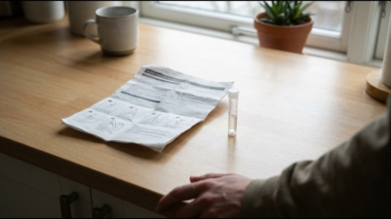FOTO · Anleitungsblatt und Röhrchen auf der Küchenarbeitsplatte · 16:9 · 1200×675