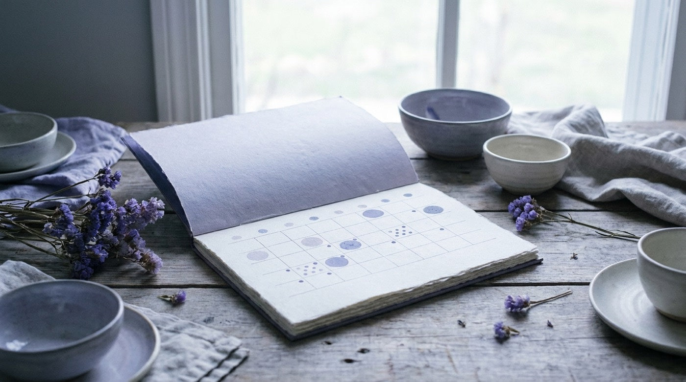 An open calendar on a wooden table