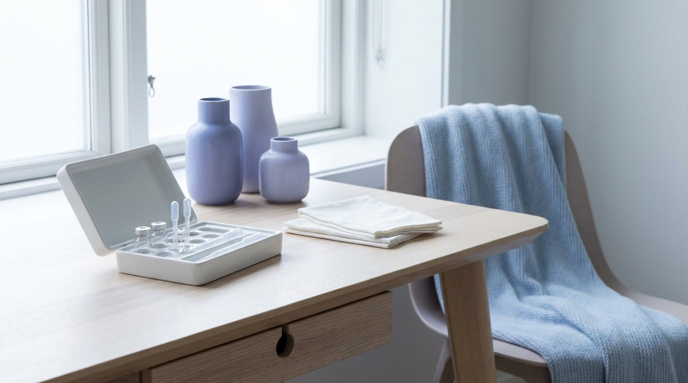 Test kit on a practice table by the window