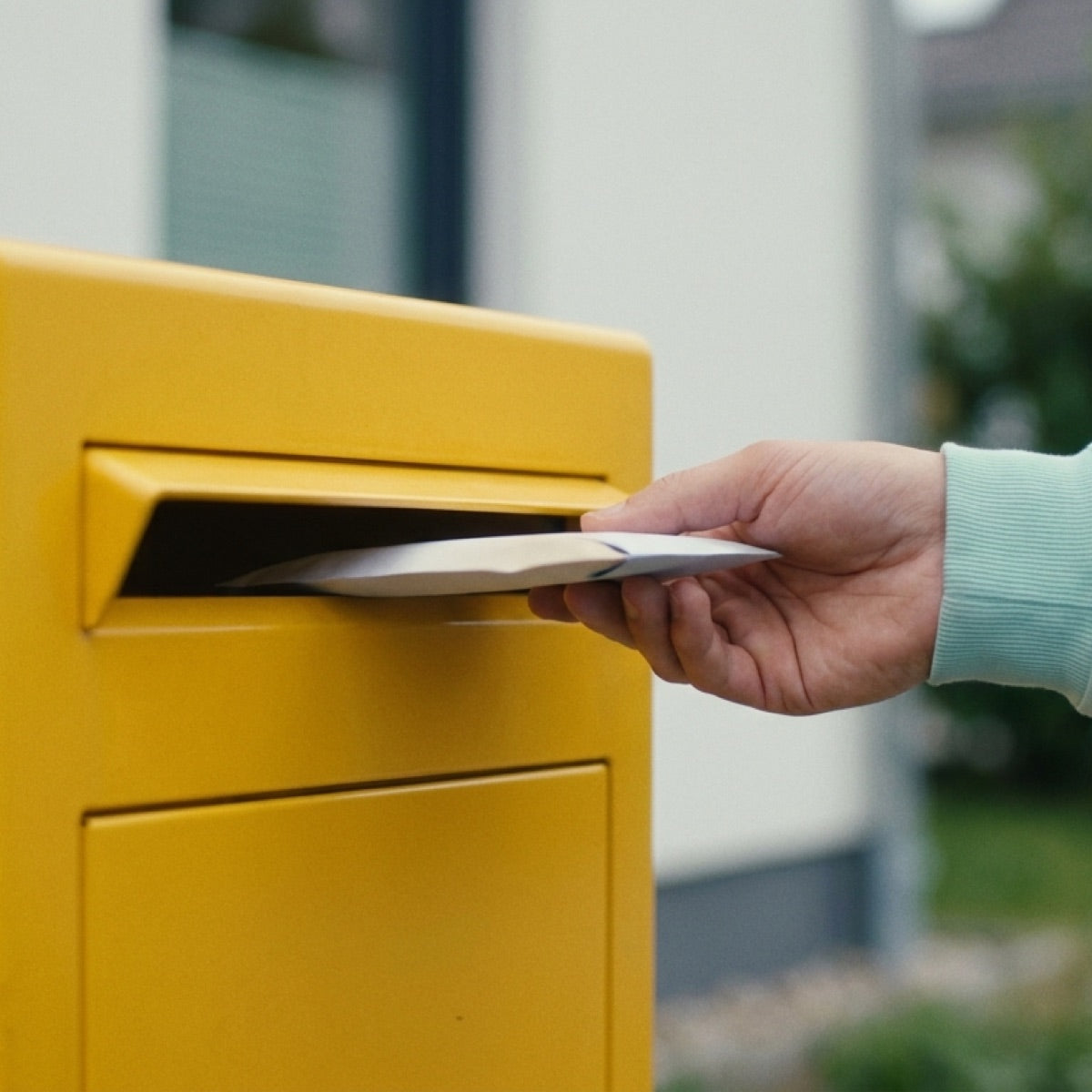 Eine Hand steckt einen Umschlag in den Schlitz eines gelben Briefkastens